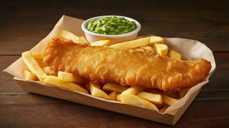 Petherton Plaice fish and chips with mushy peas in a brown cardboard container